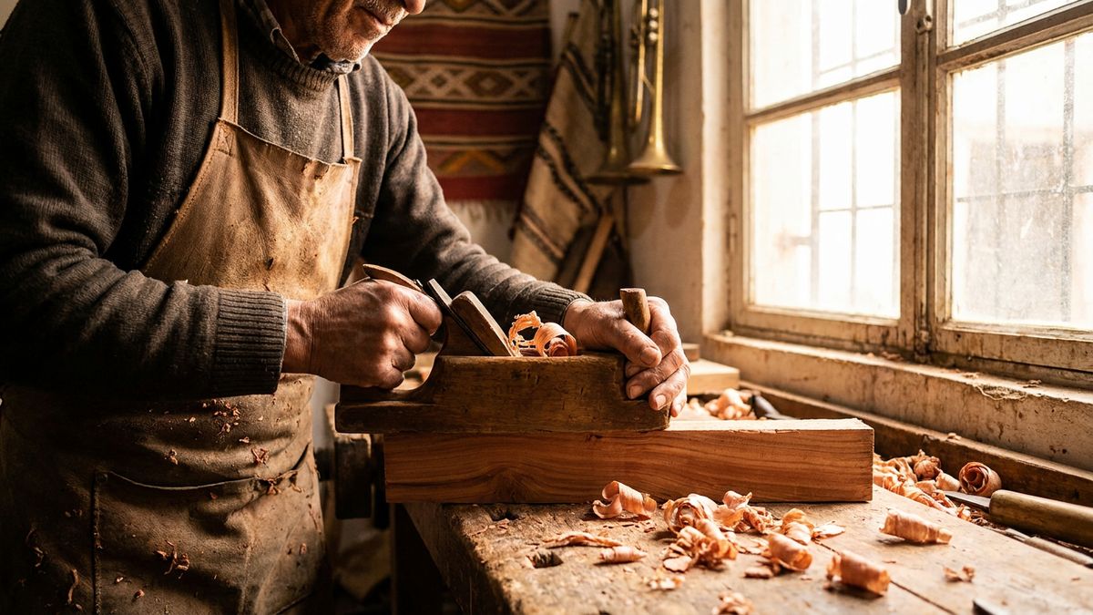 Artisan travaillant le bois de cedre au rabot