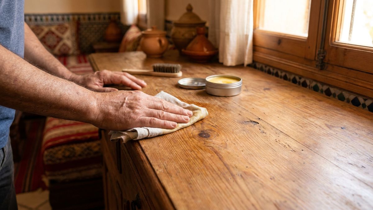 Application de cire sur un meuble en bois